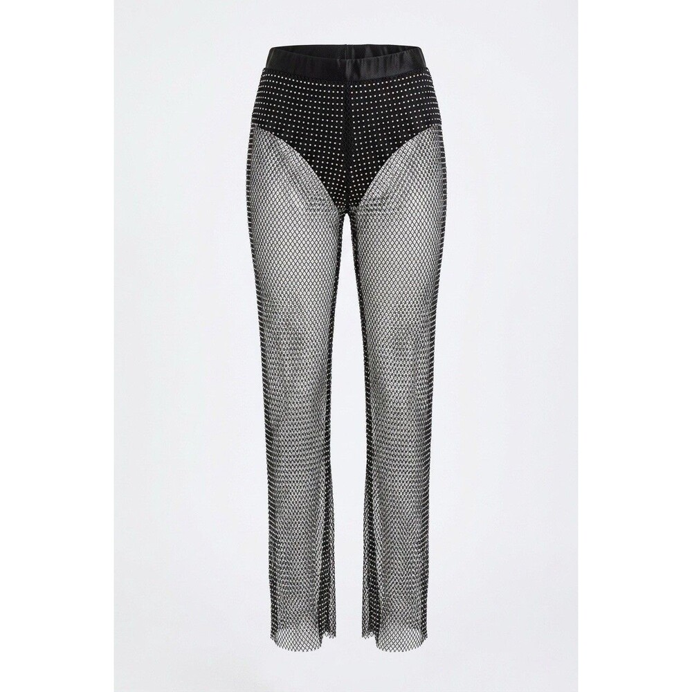 Privy Black Rhinestone Sheer Mesh Flare Pants Size Small NWOT